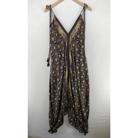 PAANI Dress S Peasant Boho Maxi Sundress Floral Tasseled Sleeveless Black Yellow - Picture 1 of 16